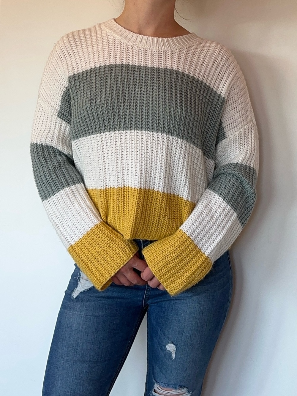Sincerely Jules Striped Crewneck Sweater in White, Sage Green, & Mustard